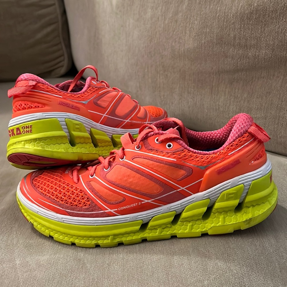 Hoka conquest 2 neon coral and citrus running shoes